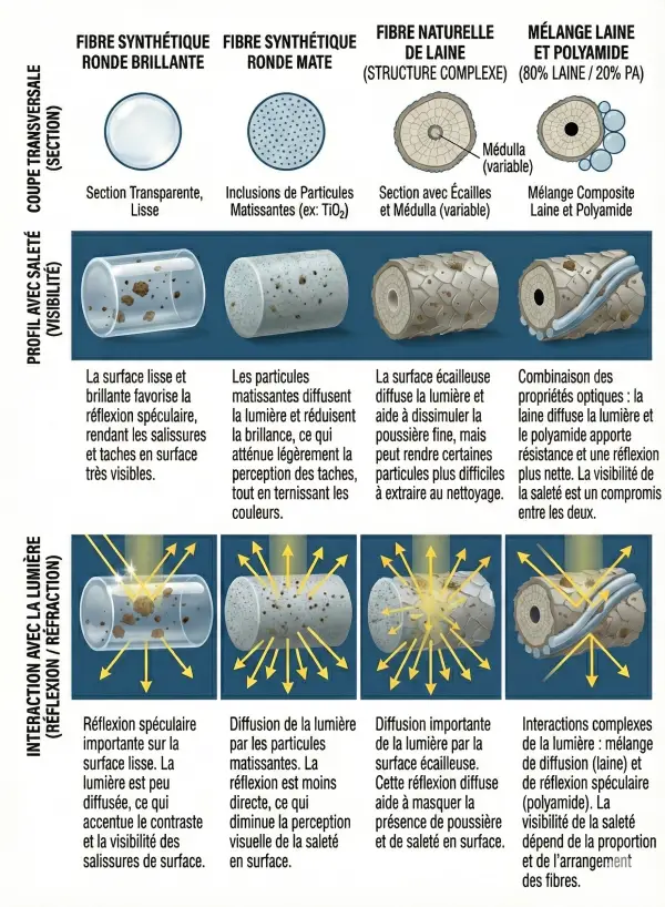 Schéma comparatif des sections de fibres laine et polyamide