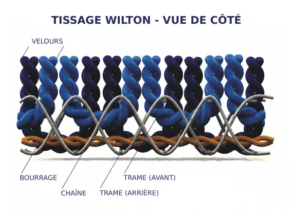 Schéma de la structure d'une moquette tissée Wilton