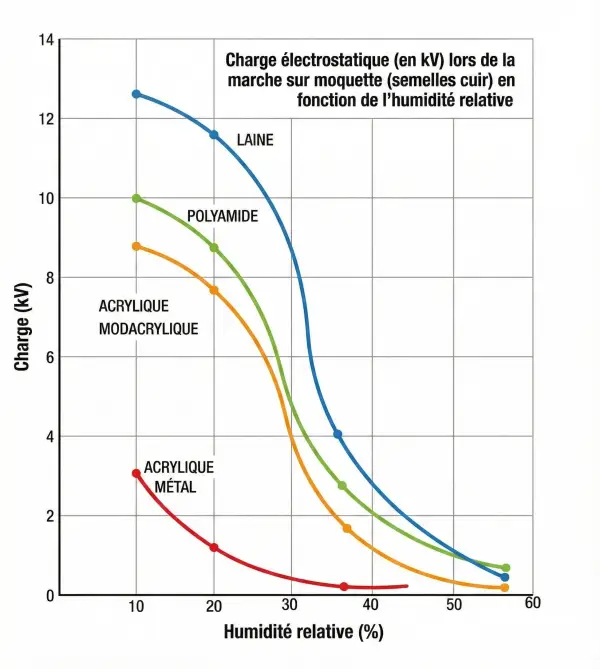 Graphique de l'influence de l'humidité sur la charge électrostatique