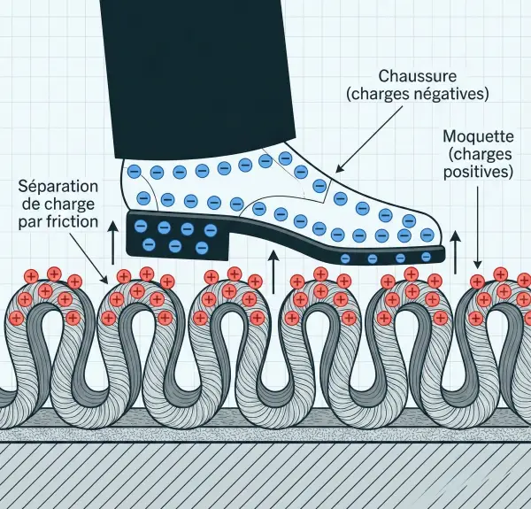 Schéma du mécanisme de l'électricité statique lors de la marche sur moquette